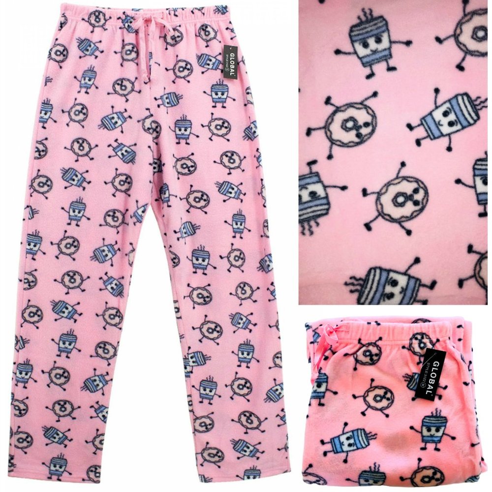 NWT Global Women's Cozy Fleece pants with Coffee cup and doughnuts S,M,L,XL
